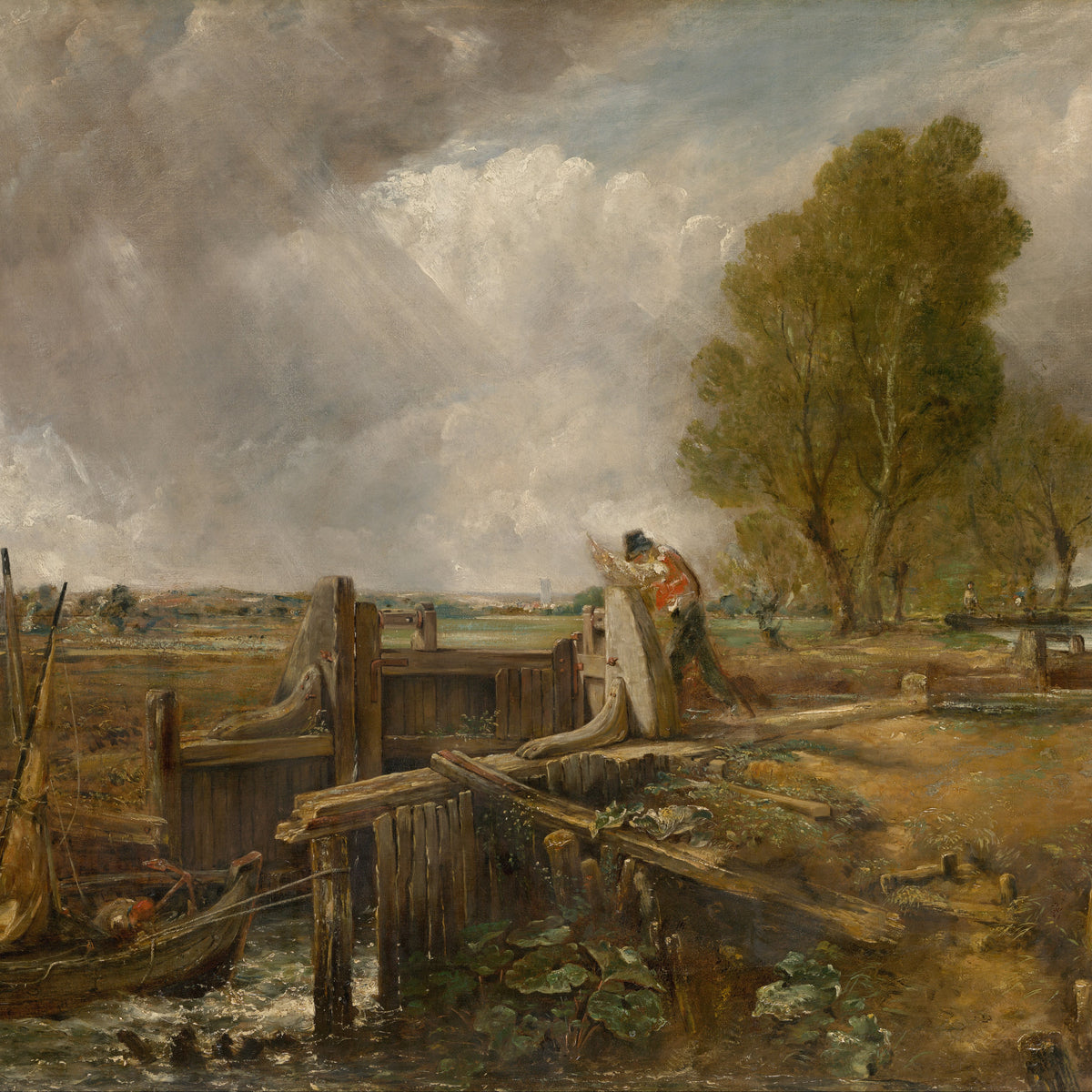 Landscape Oil Painting - Canal Lock Rural & Worker, Boat, Cloudy Sky