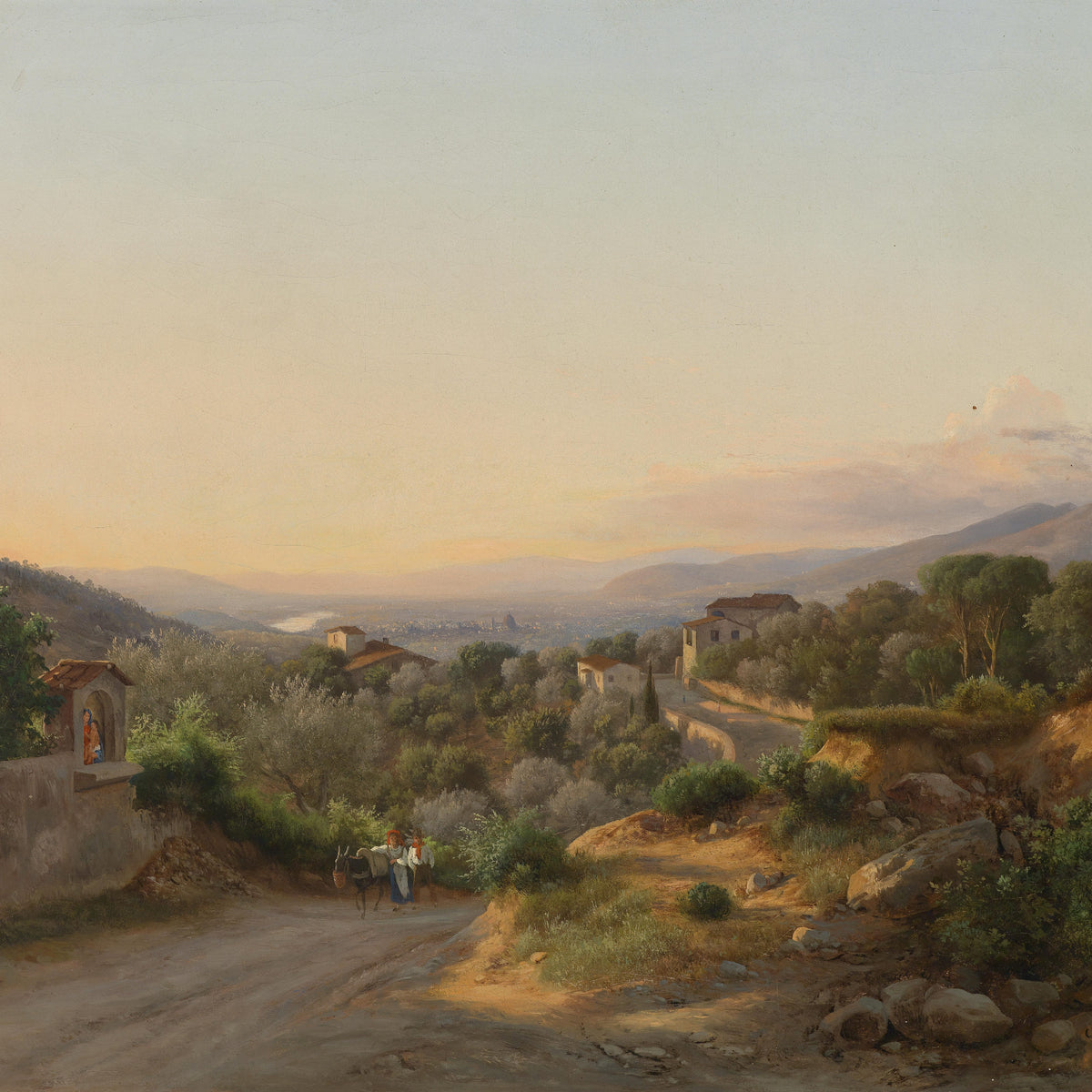 Landscape Oil Painting - Italian Rural Sunset & Donkey Figures, Village