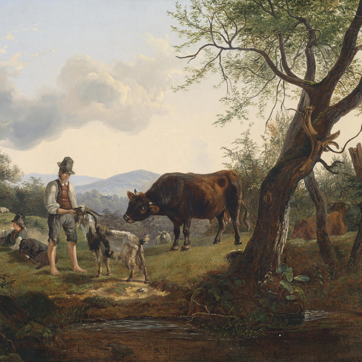 Landscape Oil Painting - Pastoral Rural & Youth, Goat, Cow, Figures