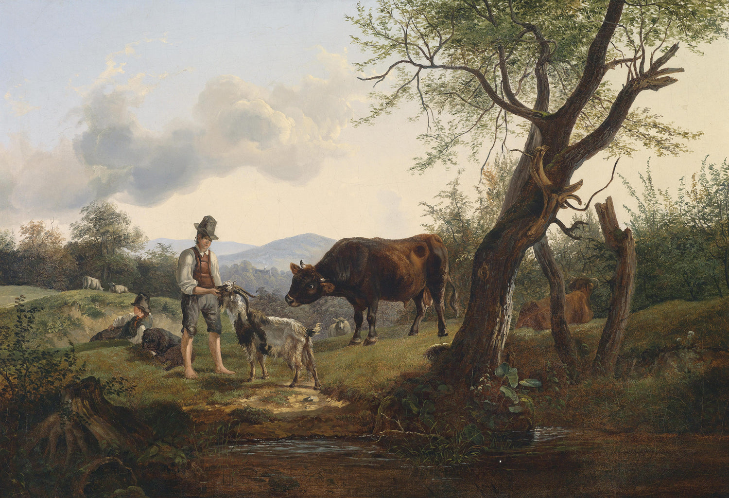 Landscape Oil Painting - Pastoral Rural & Youth, Goat, Cow, Figures