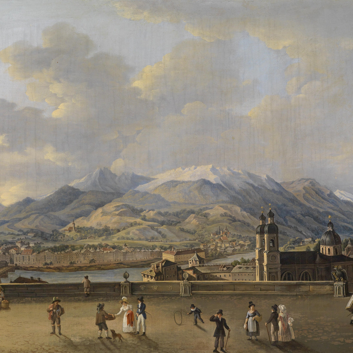 Landscape Oil Painting - Alpine Town & Crowds, River, Snow-Capped Peaks