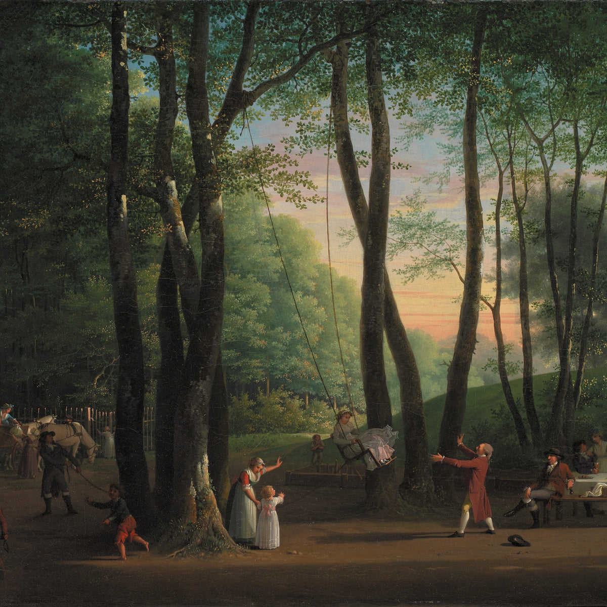 Landscape Oil Painting - Woodland Evening Gathering & Figures, Carriage