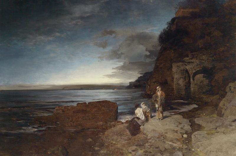 Landscape Oil Painting - Coastal Twilight & Figures on Rocky Shore