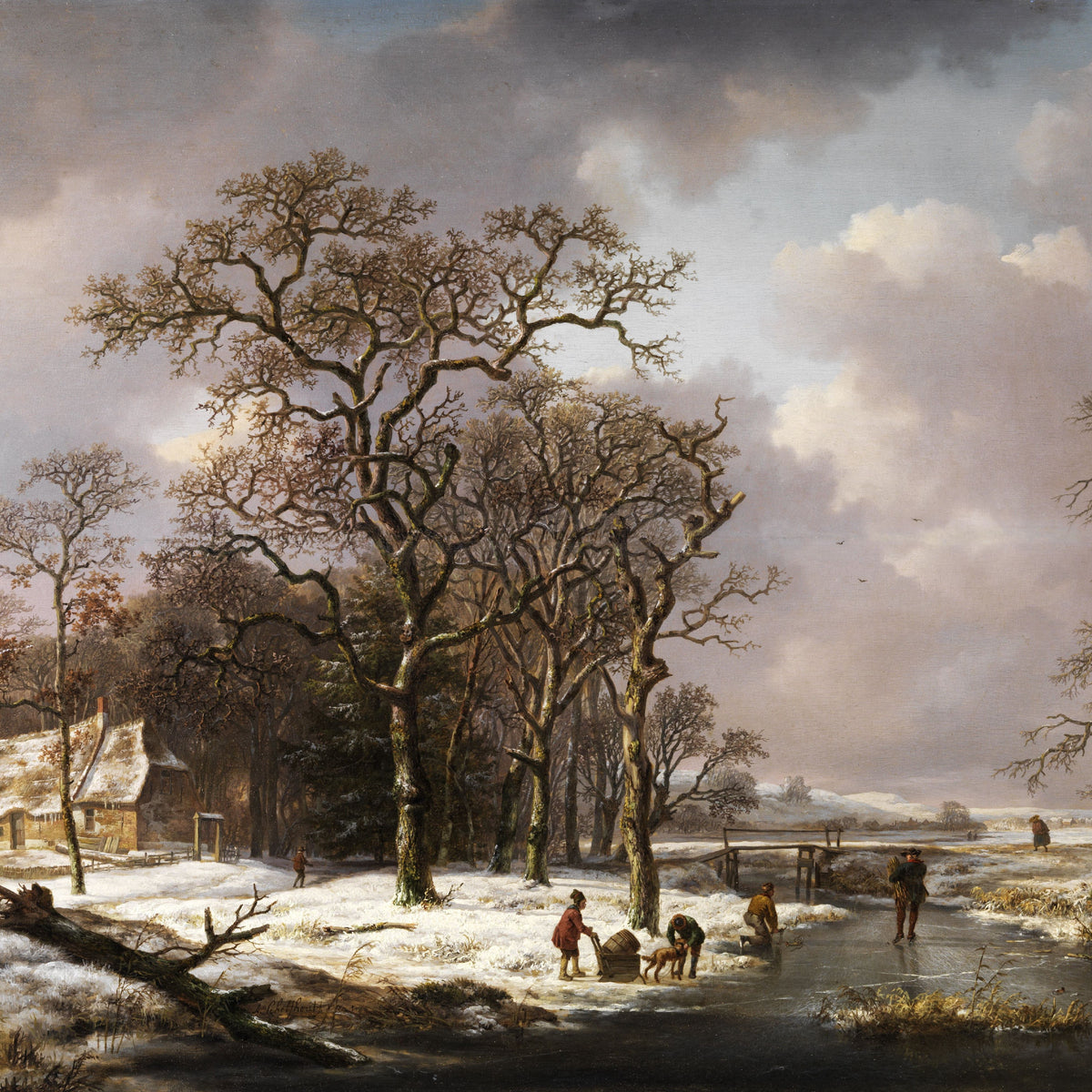 Landscape Oil Painting - Dutch Winter Rural & Snow, Country Cottage