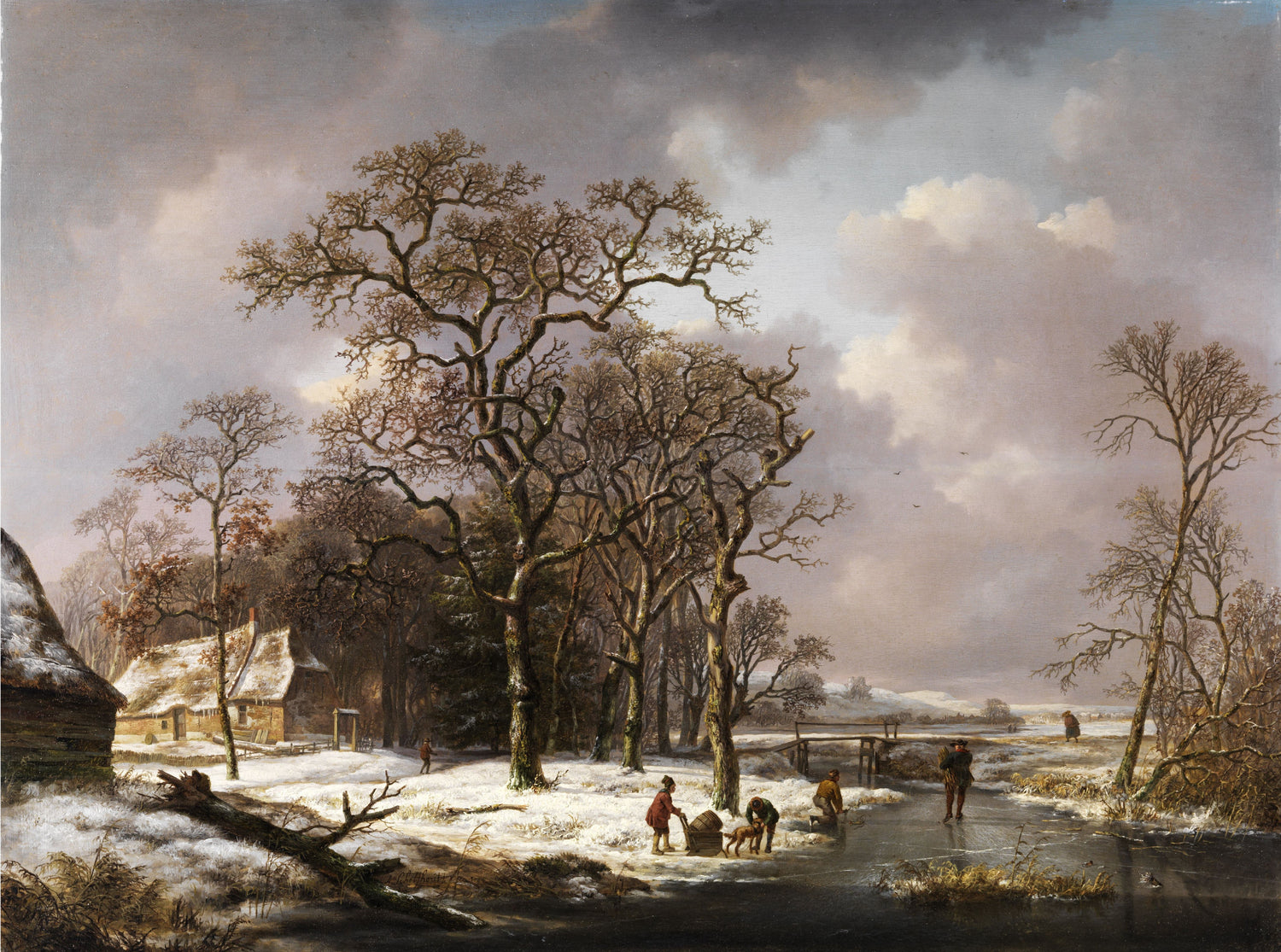Landscape Oil Painting - Dutch Winter Rural & Snow, Country Cottage