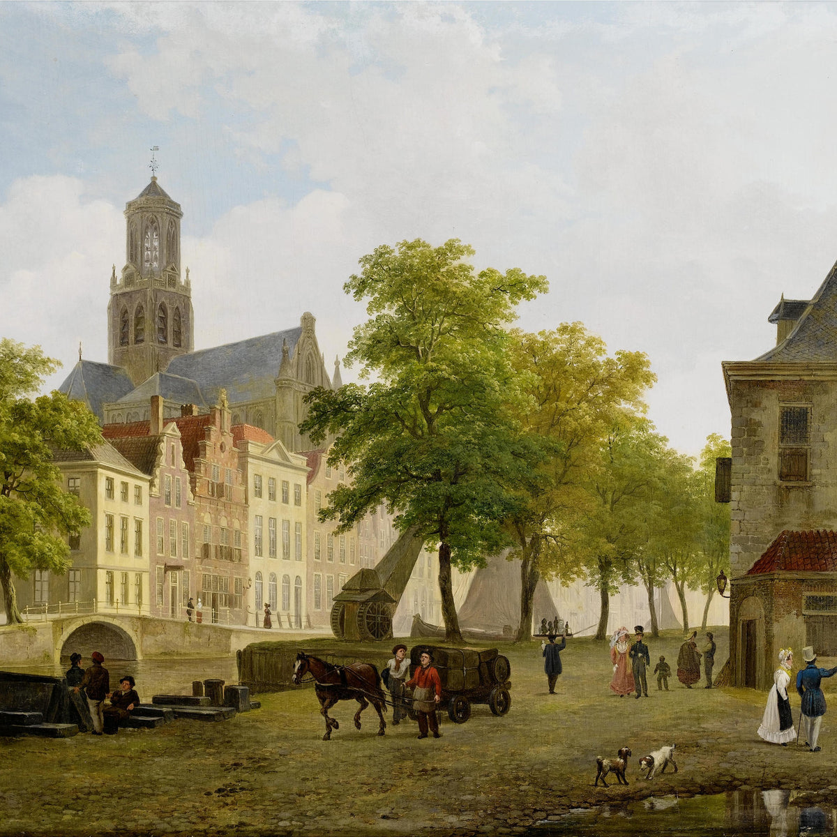 Landscape Oil Painting - Dutch Canal Town, Church Tower & Horse Cart