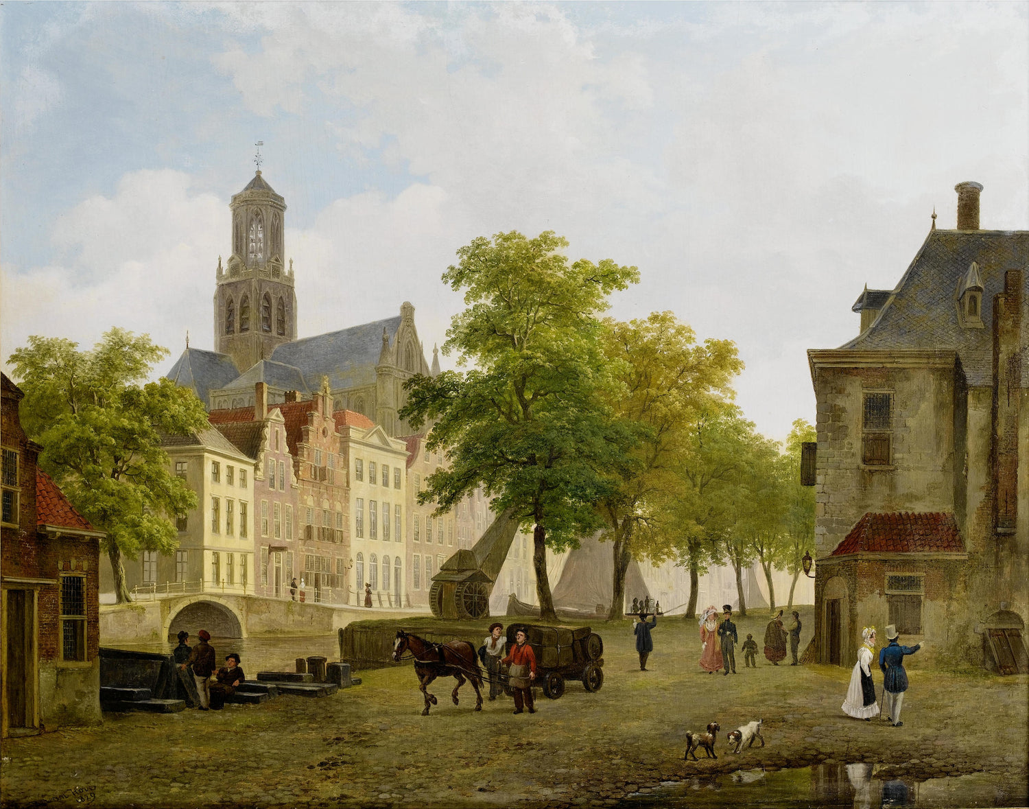 Landscape Oil Painting - Dutch Canal Town, Church Tower & Horse Cart