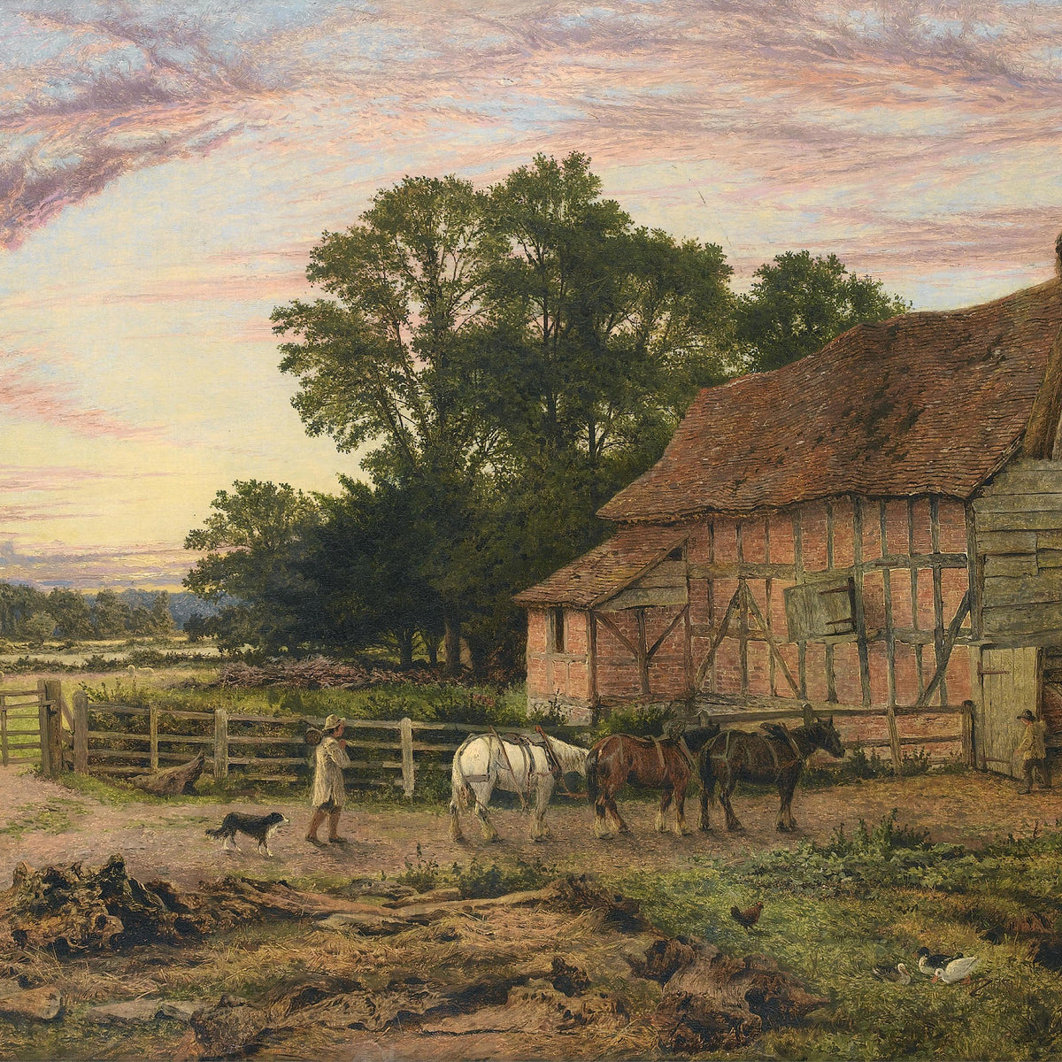 Landscape Oil Painting - Rural at Dusk, Poultry & Country Buildings