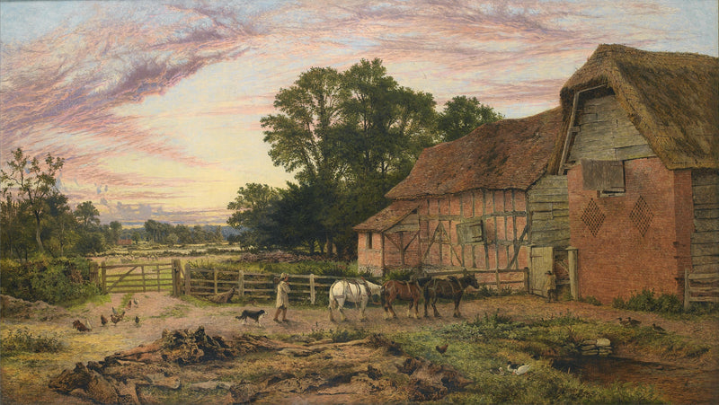 Landscape Oil Painting - Rural at Dusk, Poultry & Country Buildings