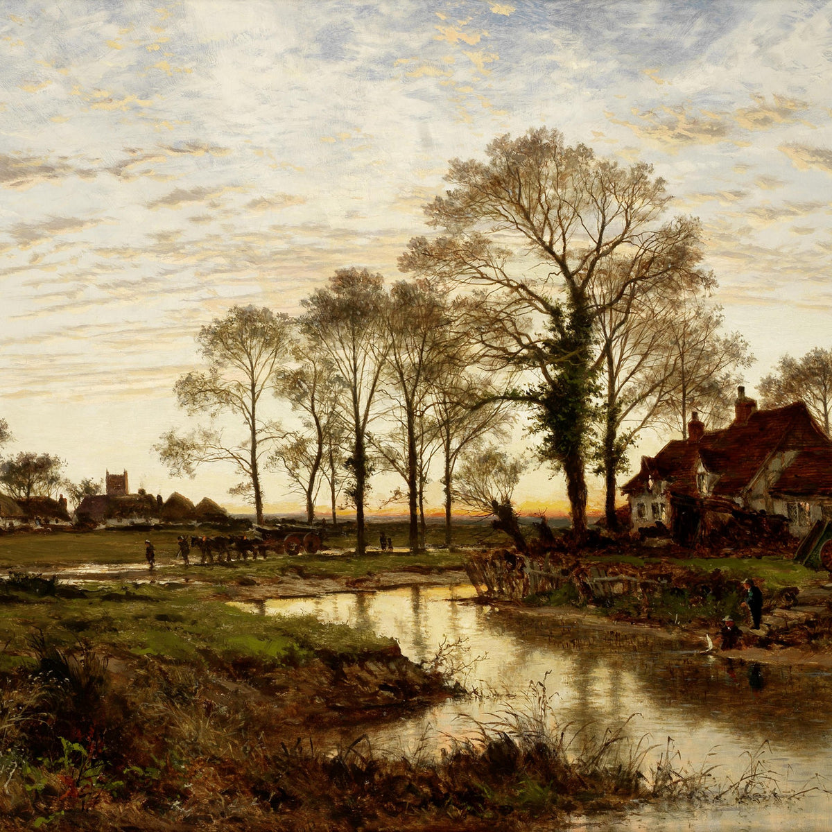 Landscape Oil Painting - Rural River at Dusk, Cottages & Country