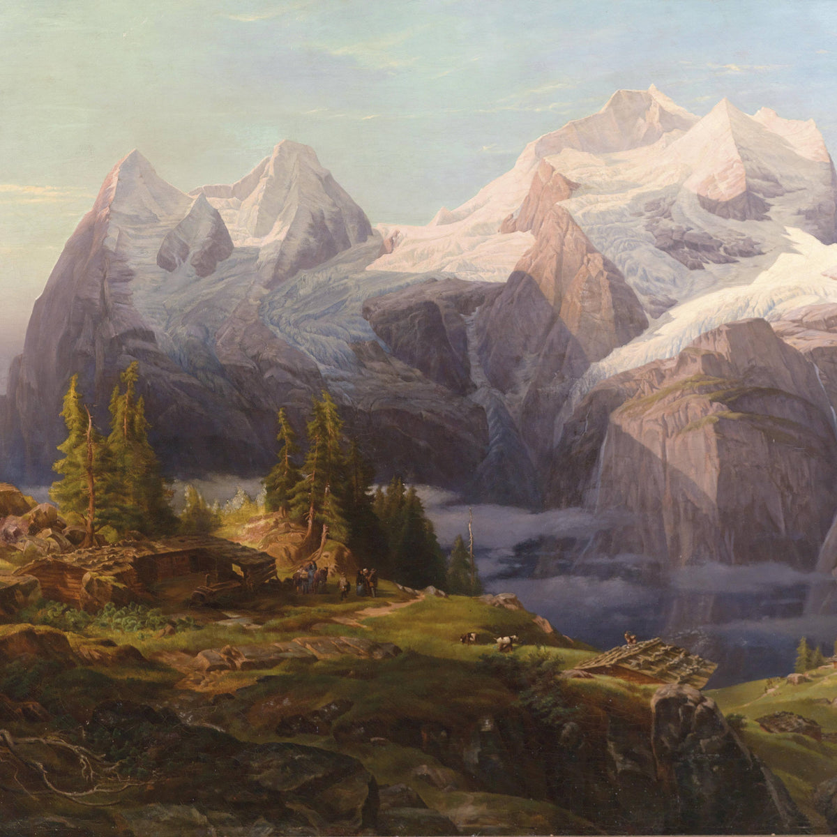 Landscape Oil Painting - Alpine Snow Peak & Cabin, Figures, Waterfall