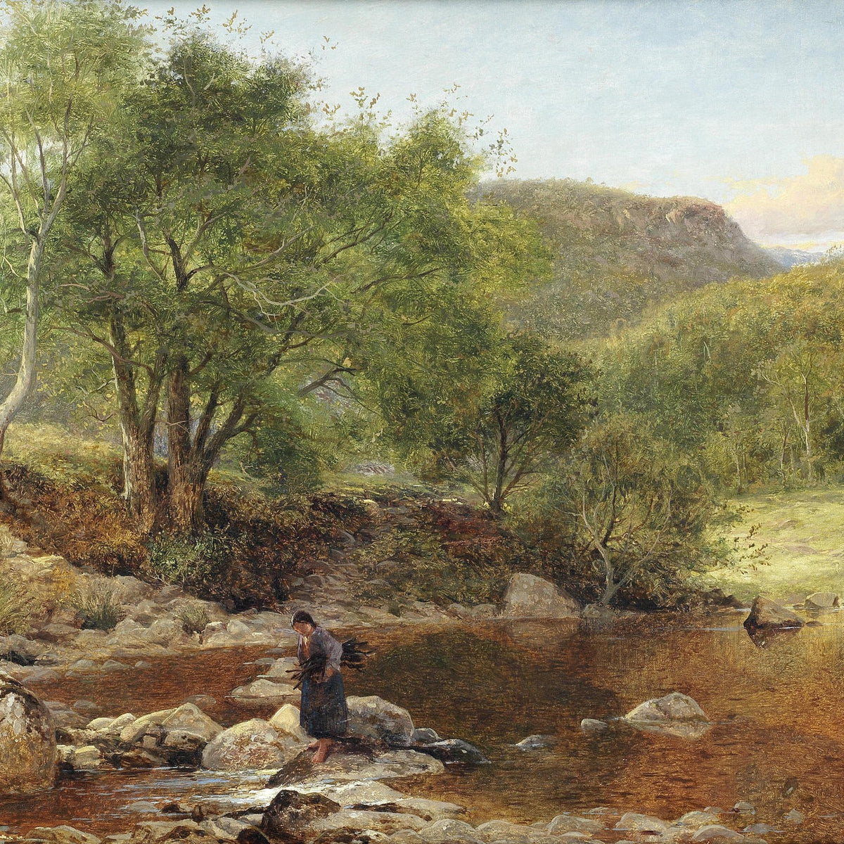 Landscape Oil Painting - Rural River, Figure on Rocks & Distant Cattle