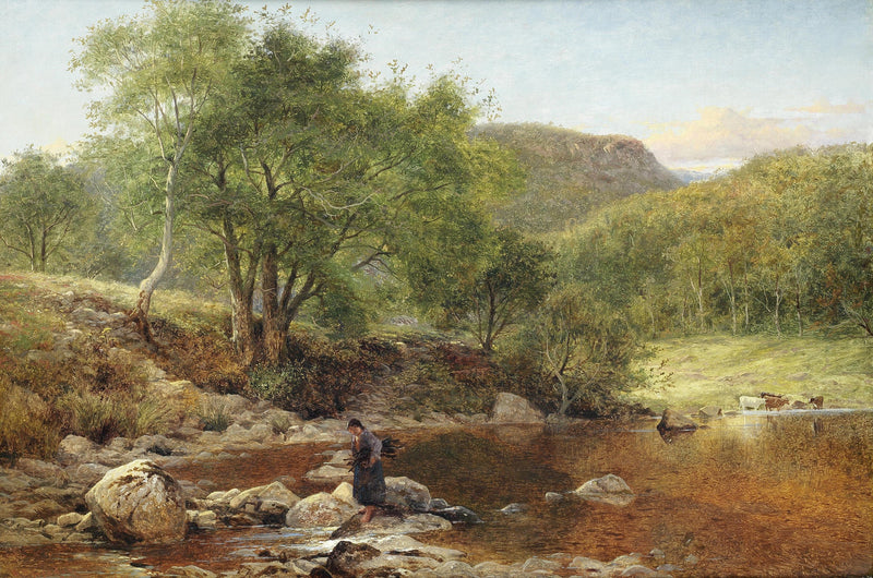 Landscape Oil Painting - Rural River, Figure on Rocks & Distant Cattle