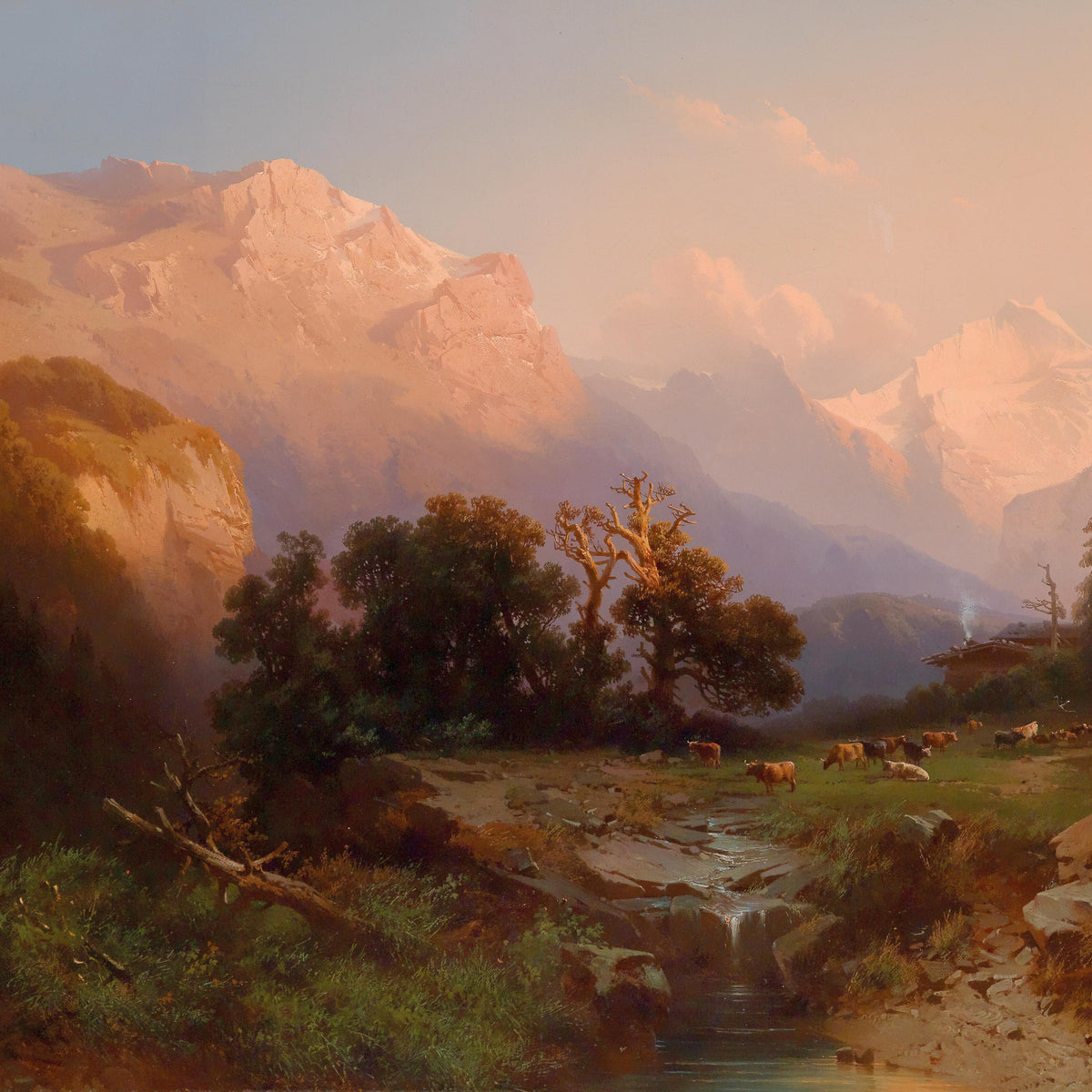 Landscape Oil Painting -Sunset Mountain, Stream, Cattle & Forested Valley