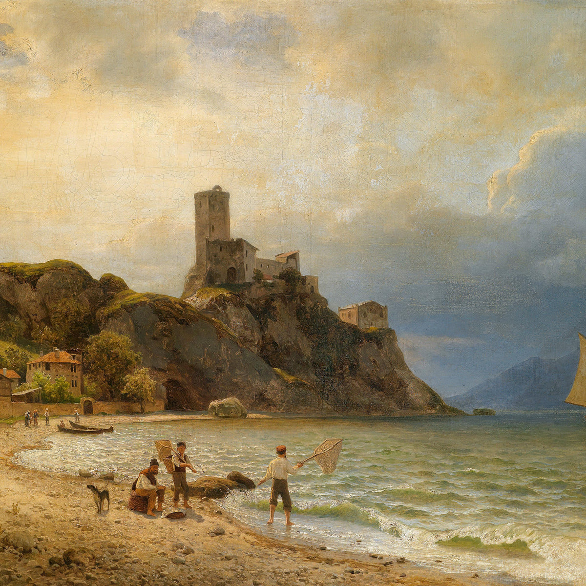 Landscape Oil Painting -Coastal Castle Ruin, Fishermen & Rocky Shore