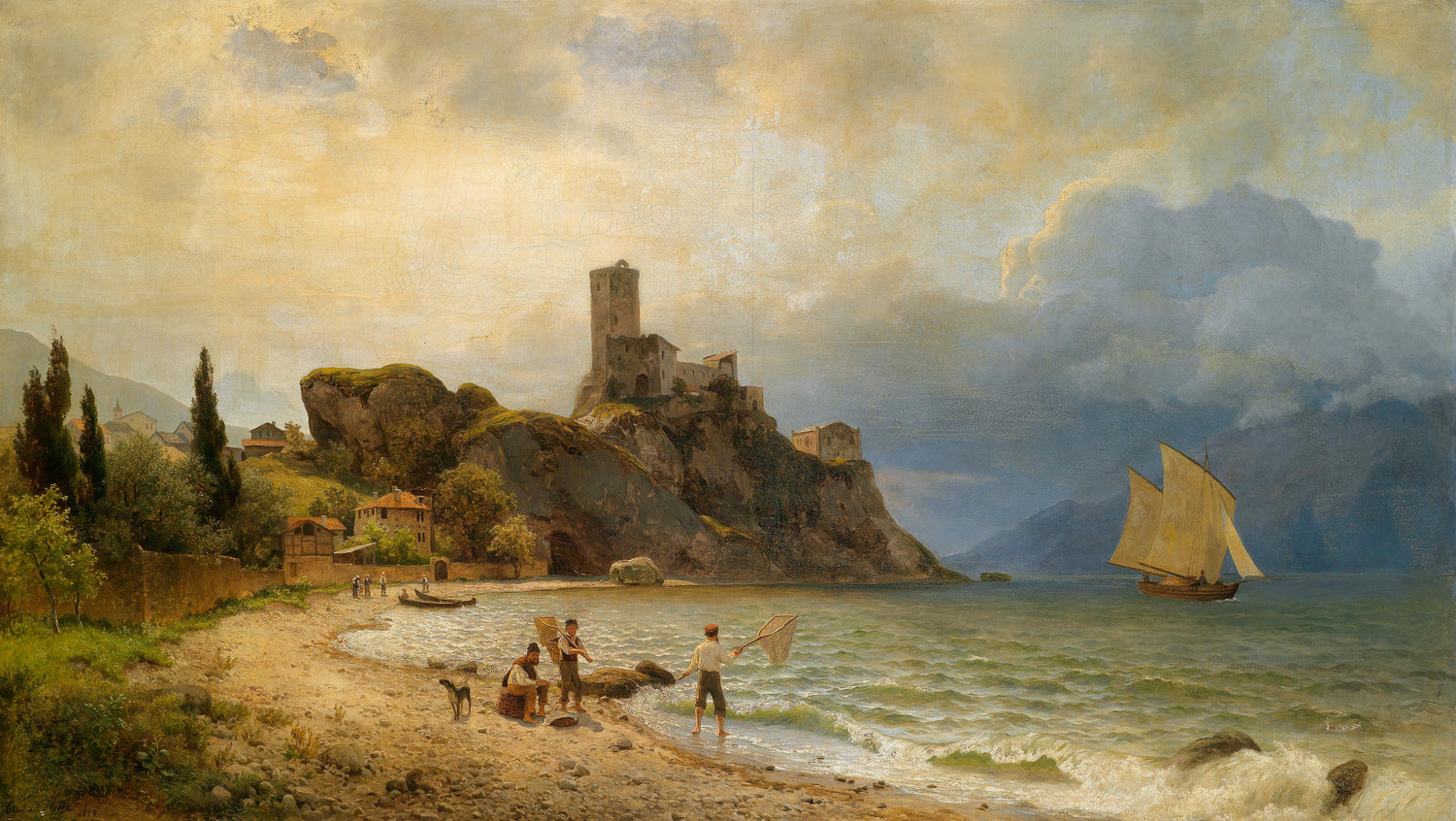 Landscape Oil Painting -Coastal Castle Ruin, Fishermen & Rocky Shore
