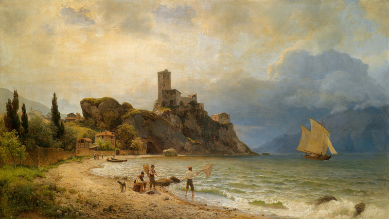 Landscape Oil Painting -Coastal Castle Ruin, Fishermen & Rocky Shore