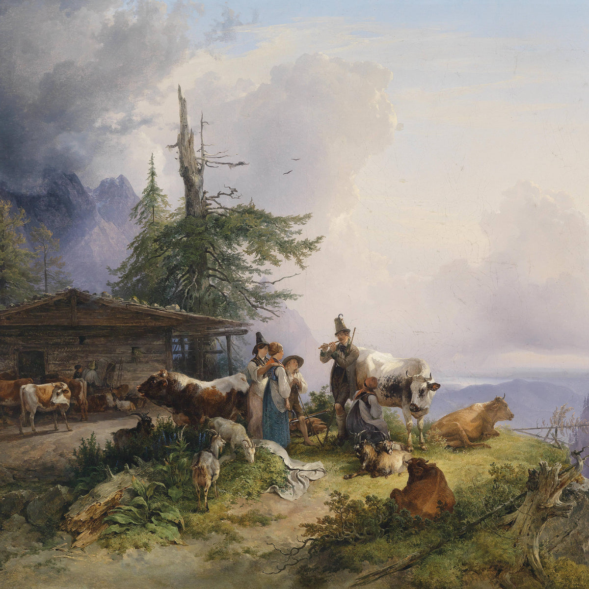 Landscape Oil Painting - Alpine Mountain Hut, Cattle, Figures & Piper