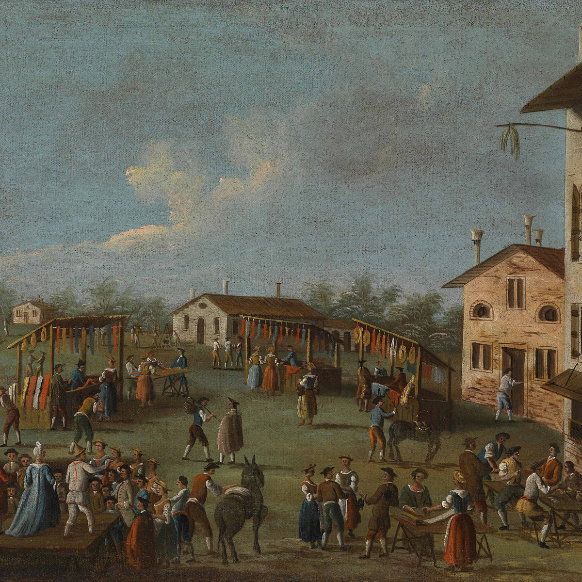 Landscape Oil Painting - Village Market Scene & Traditional Buildings