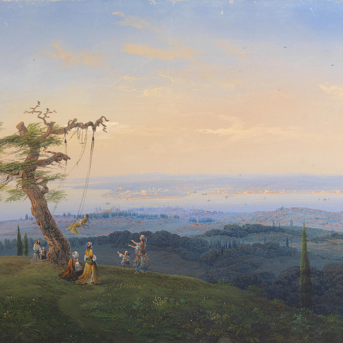 Landscape Oil Painting - Exotic Hilltop, Tree Swing & Coastal City