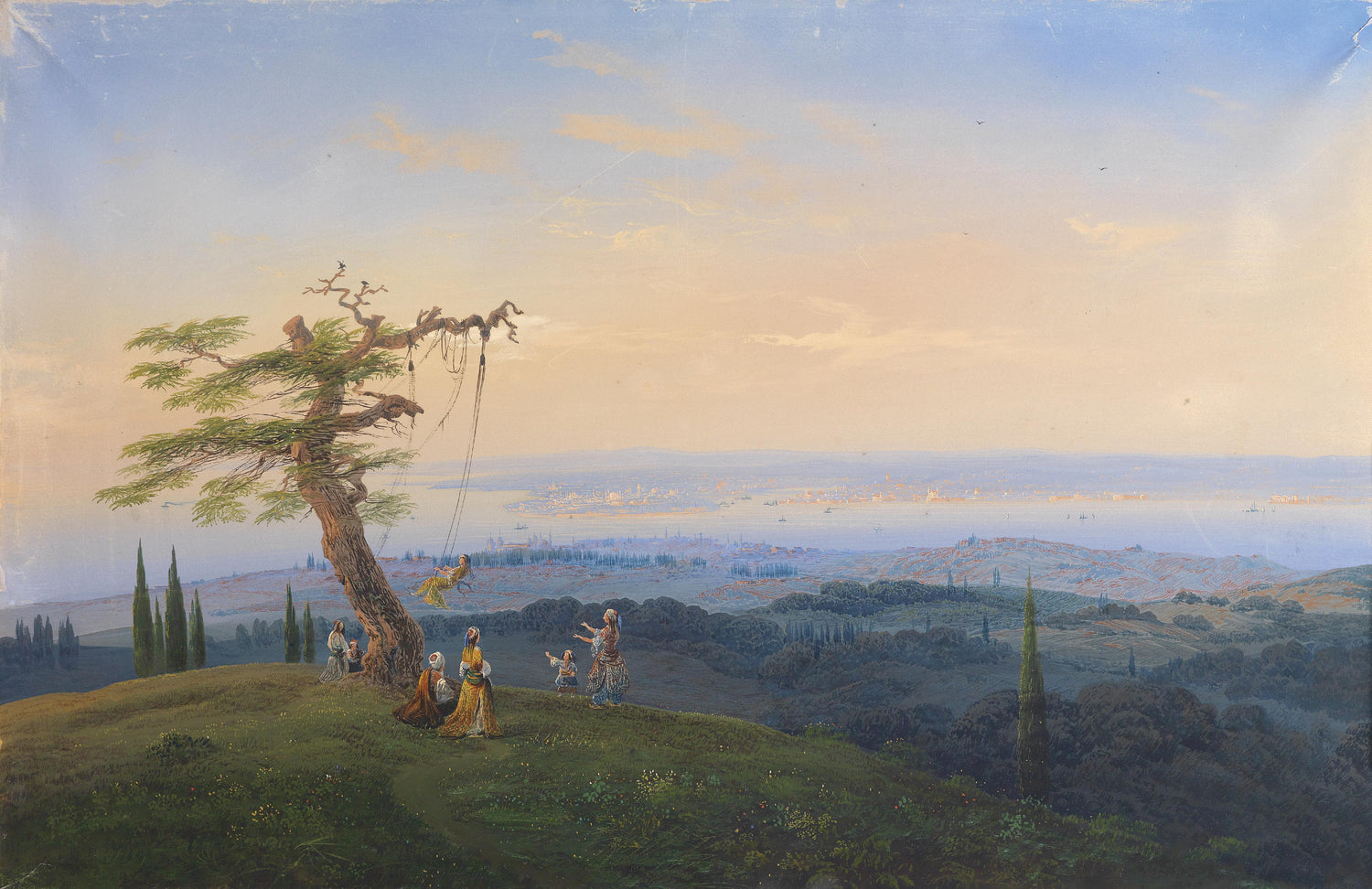 Landscape Oil Painting - Exotic Hilltop, Tree Swing & Coastal City