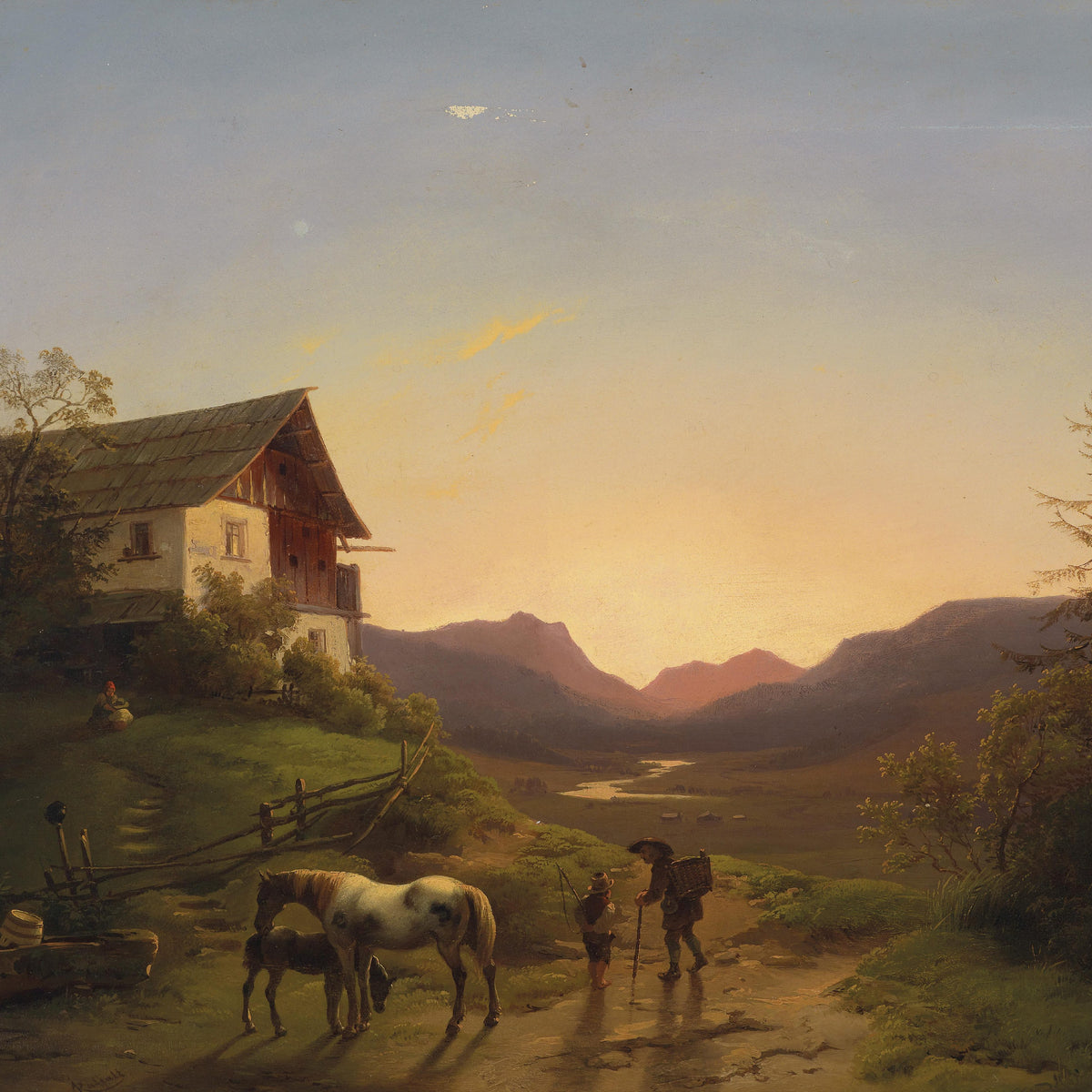 Landscape Oil Painting - Alpine Farmhouse Sunset, Horse, Figures
