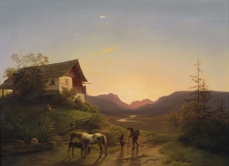 Landscape Oil Painting - Alpine Farmhouse Sunset, Horse, Figures