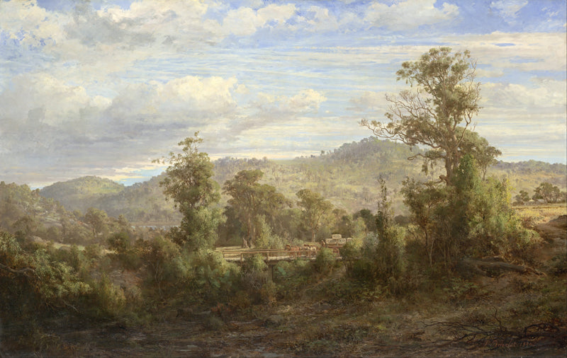 Landscape Oil Painting - Australian Bush, Wooden Bridge, Wagon & Hills
