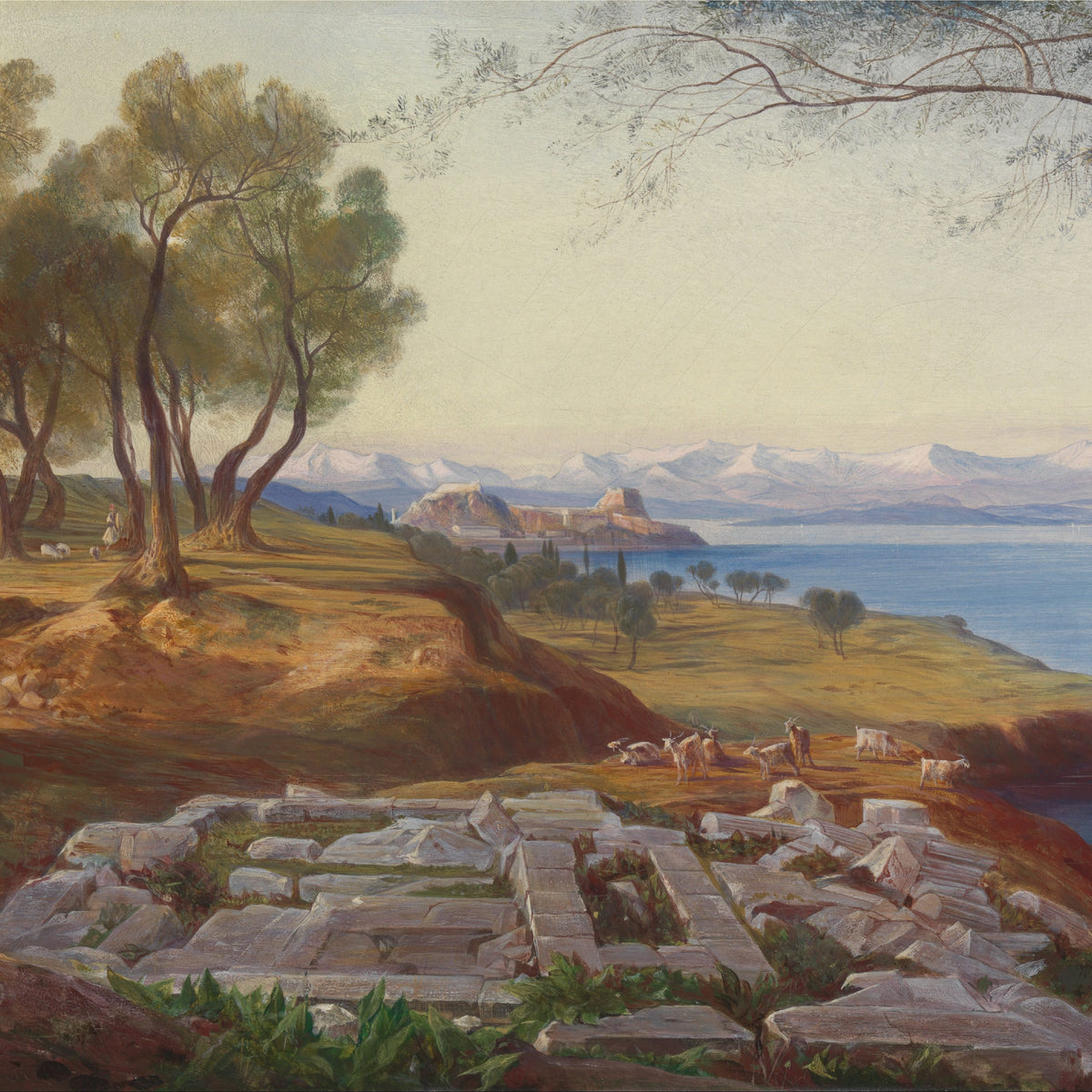 Landscape Oil Painting - Mediterranean Coastal, Ruins, Sheep & Fortress