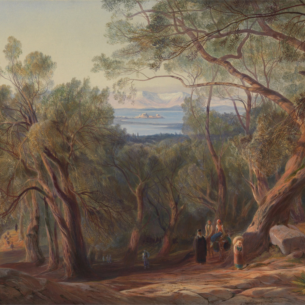 Landscape Oil Painting - Mediterranean, Woodland, Bay, Fortress & Figures