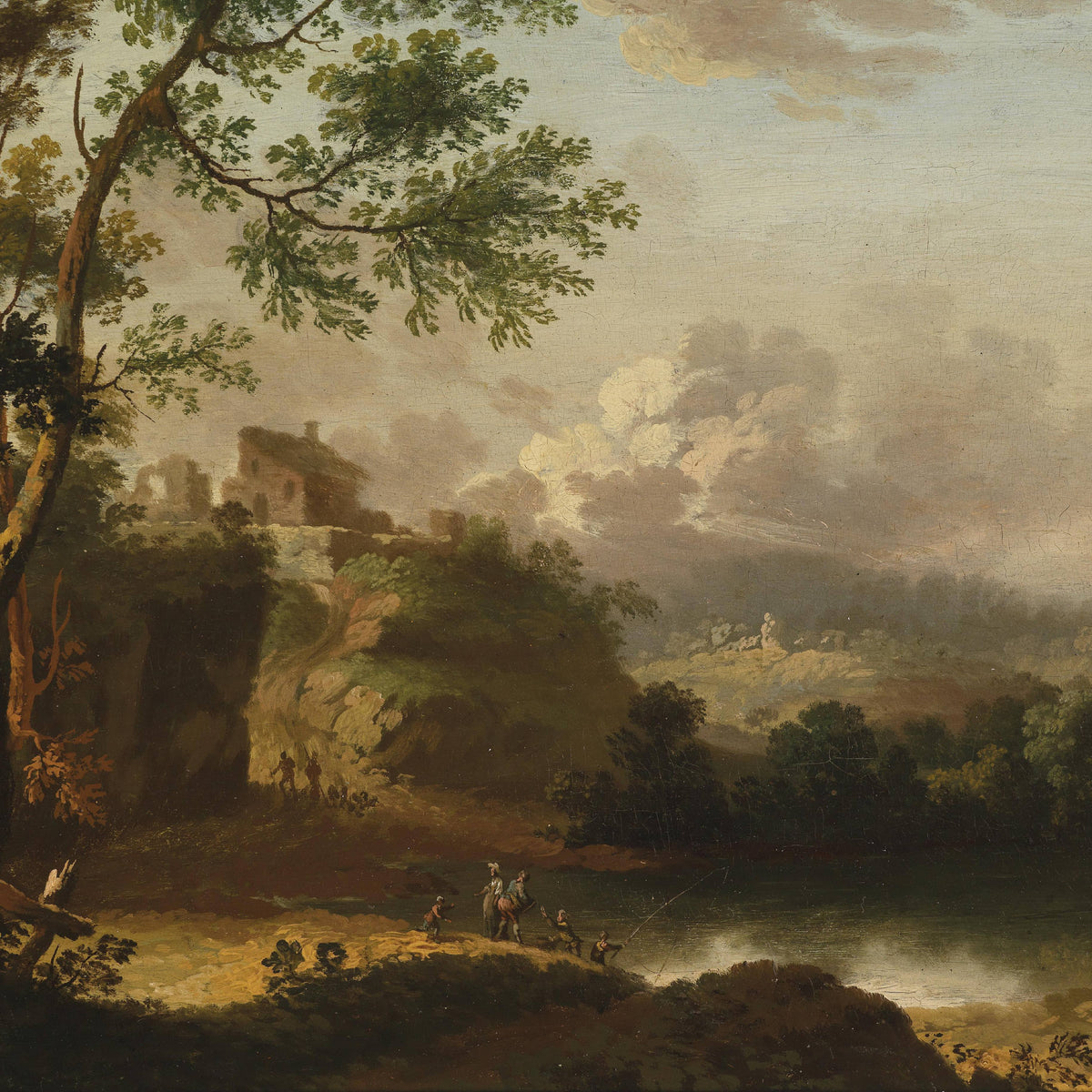 Landscape Oil Painting - River, Anglers, Hilltop Ruined Building