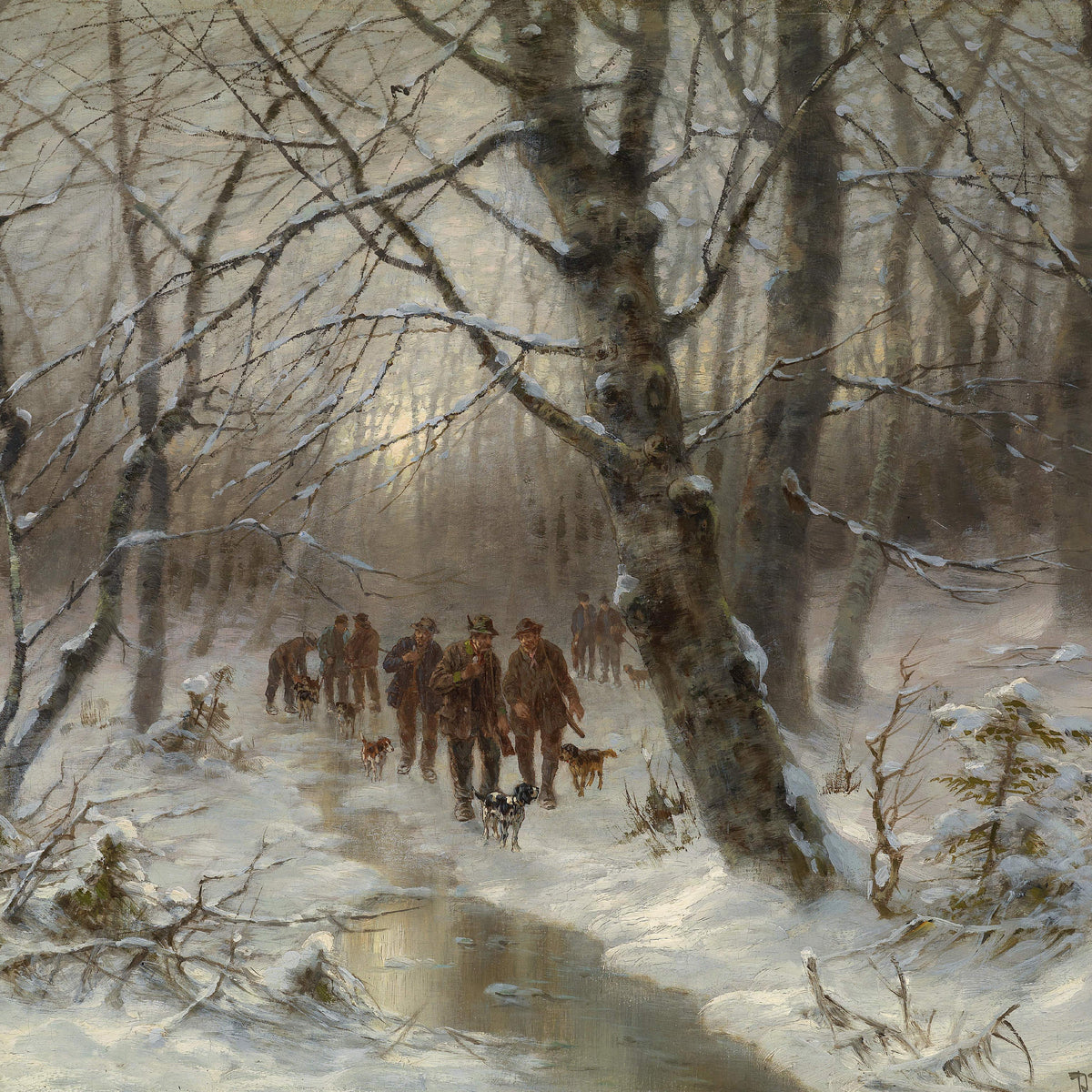 Landscape Oil Painting - Winter Forest Hunting, Hunters & Snowy Woodland