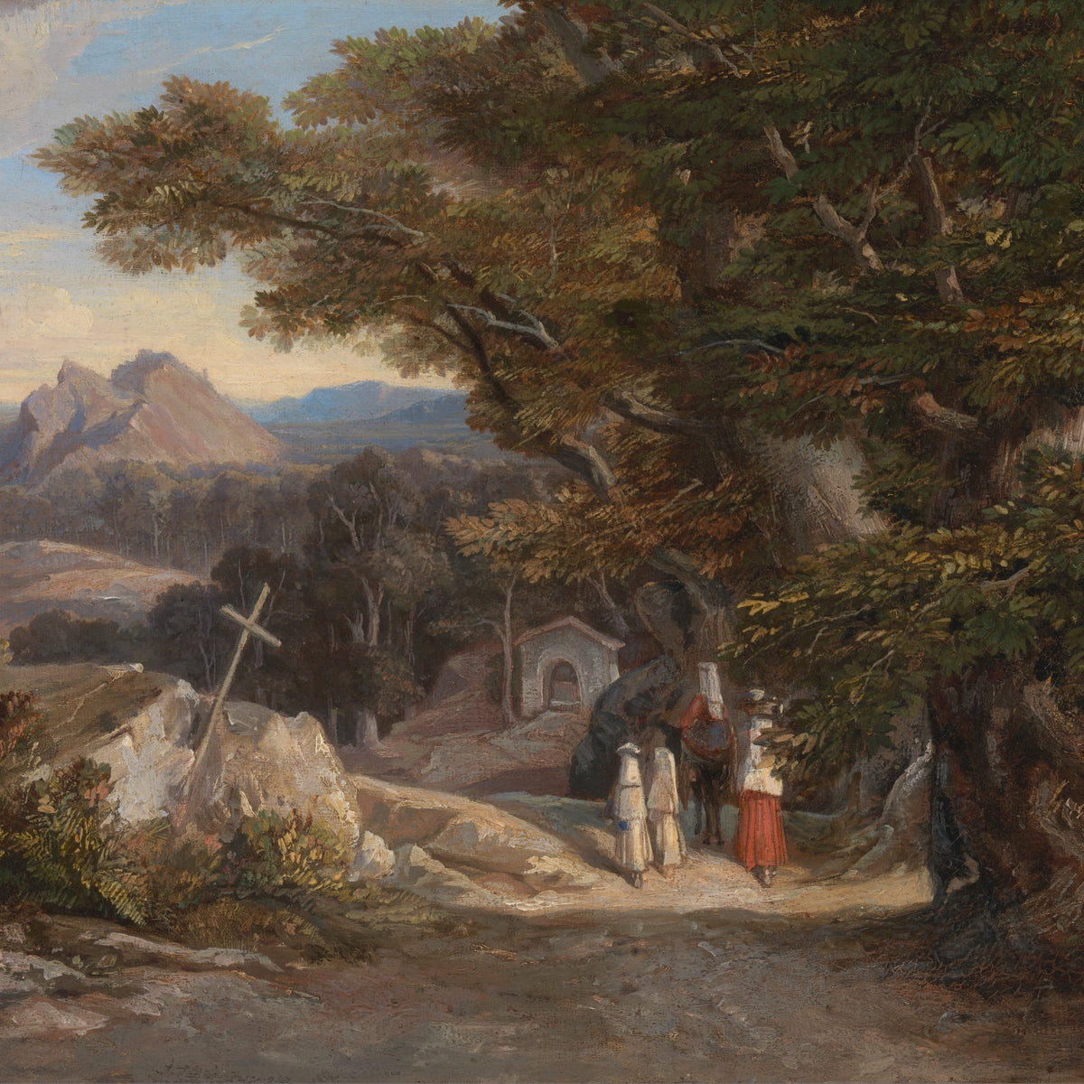 Landscape Oil Painting - Path, Figures, Cross & Distant Mountain Peaks