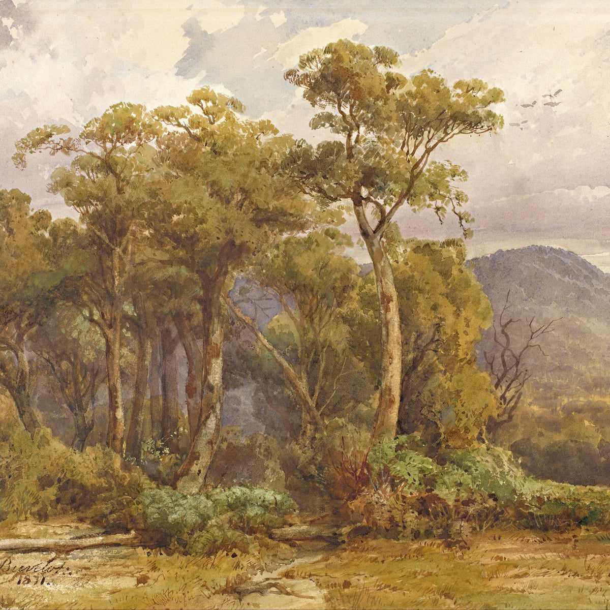 Landscape Oil Painting - Australian Bush & Trees, Distant Figures, Hills