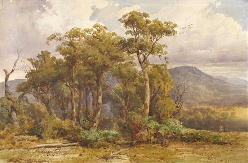 Landscape Oil Painting - Australian Bush & Trees, Distant Figures, Hills