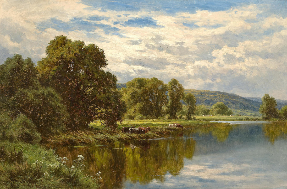 Peinture à l'huile de paysage - Scène de rivière hivernale avec personnages et chevaux