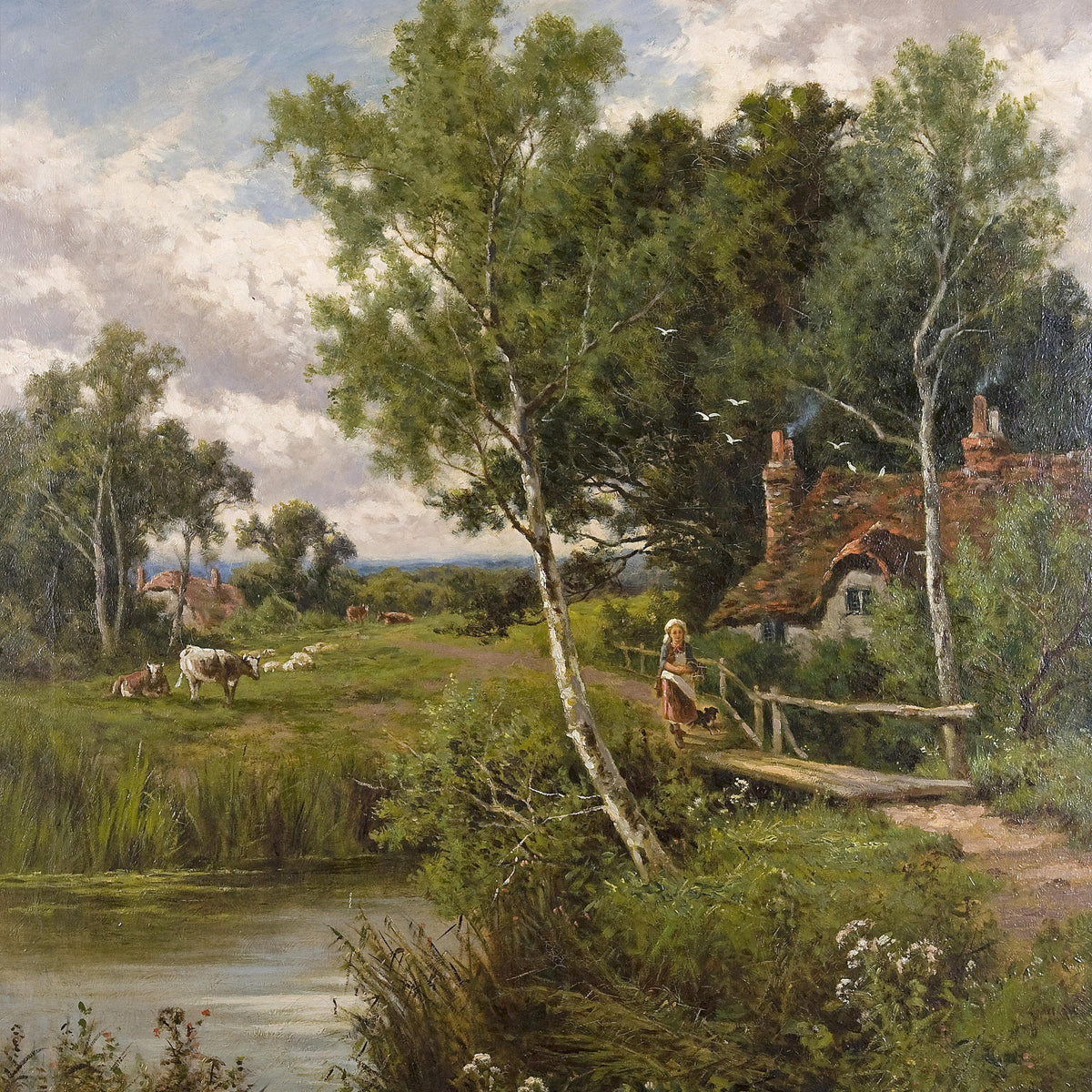 Pastoral Cottage by the Stream | Hand-Painted Landscape Oil Painting