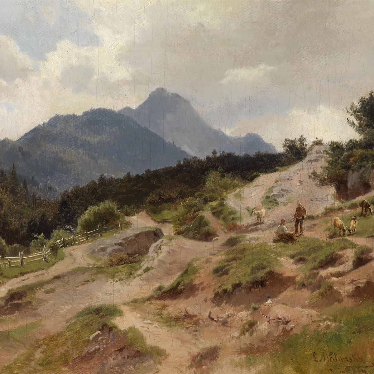 Landscape Oil Painting - Mountain Path Rural & Figures, Goats, Peaks