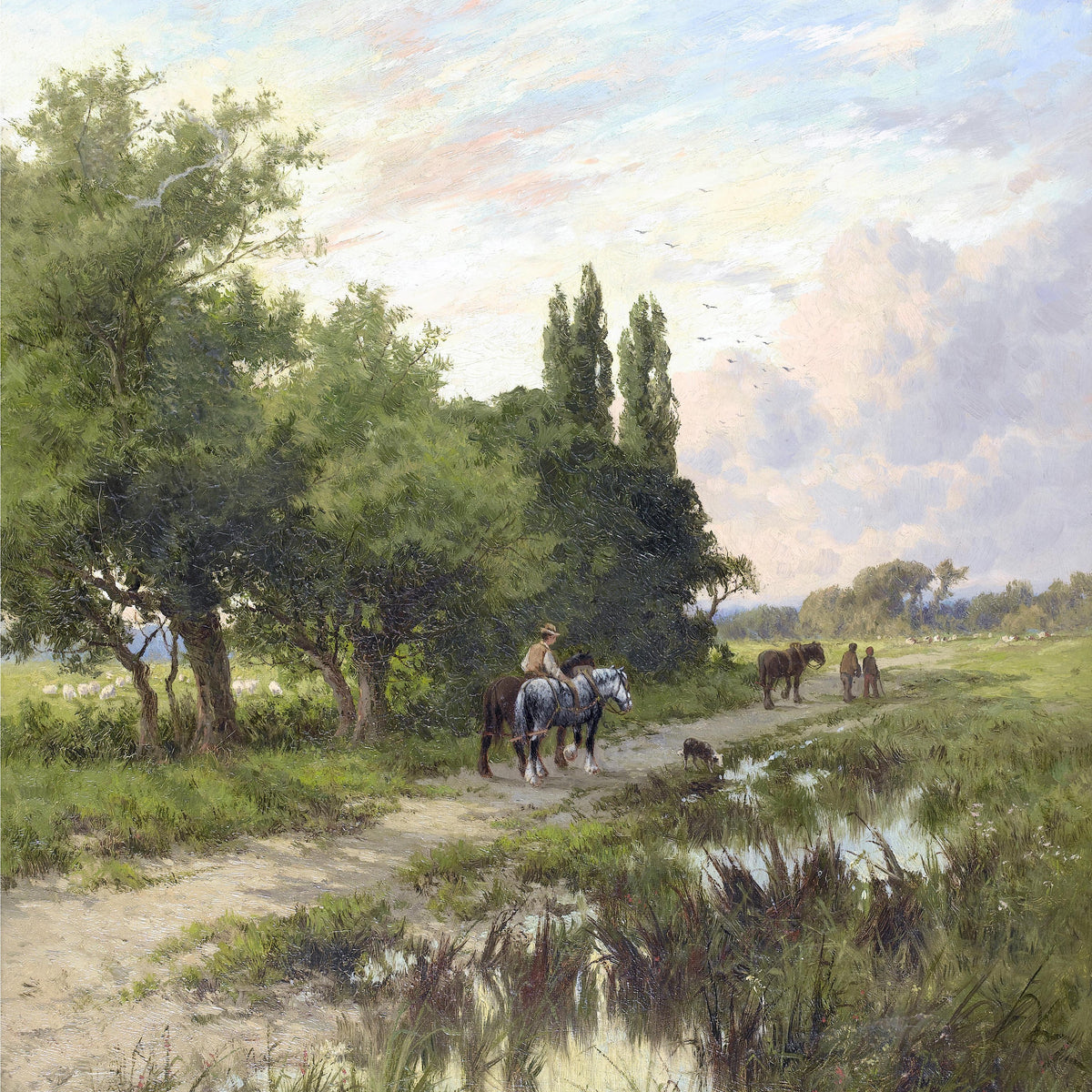 Country Path with Horses | Hand-Painted Pastoral Landscape Oil Painting