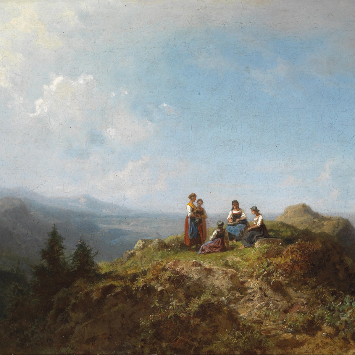 Landscape Oil Painting - Alpine Hilltop Gathering & Women Figures, Vistas