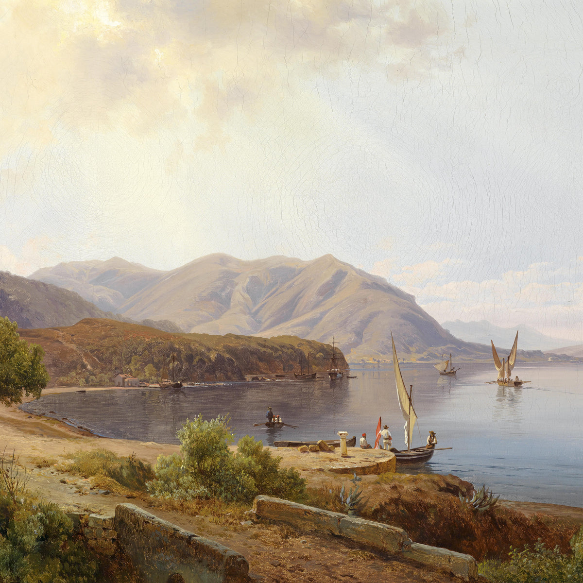 Landscape Oil Painting - Mediterranean Bay & Sailing Ships, Figures