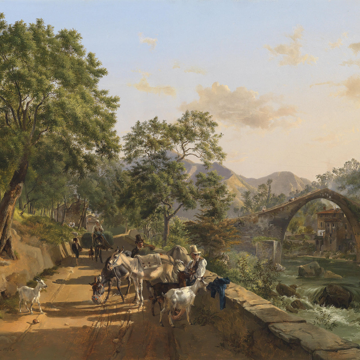 Landscape Oil Painting - Italian Rural Bridge & Donkeys, Goats, Village