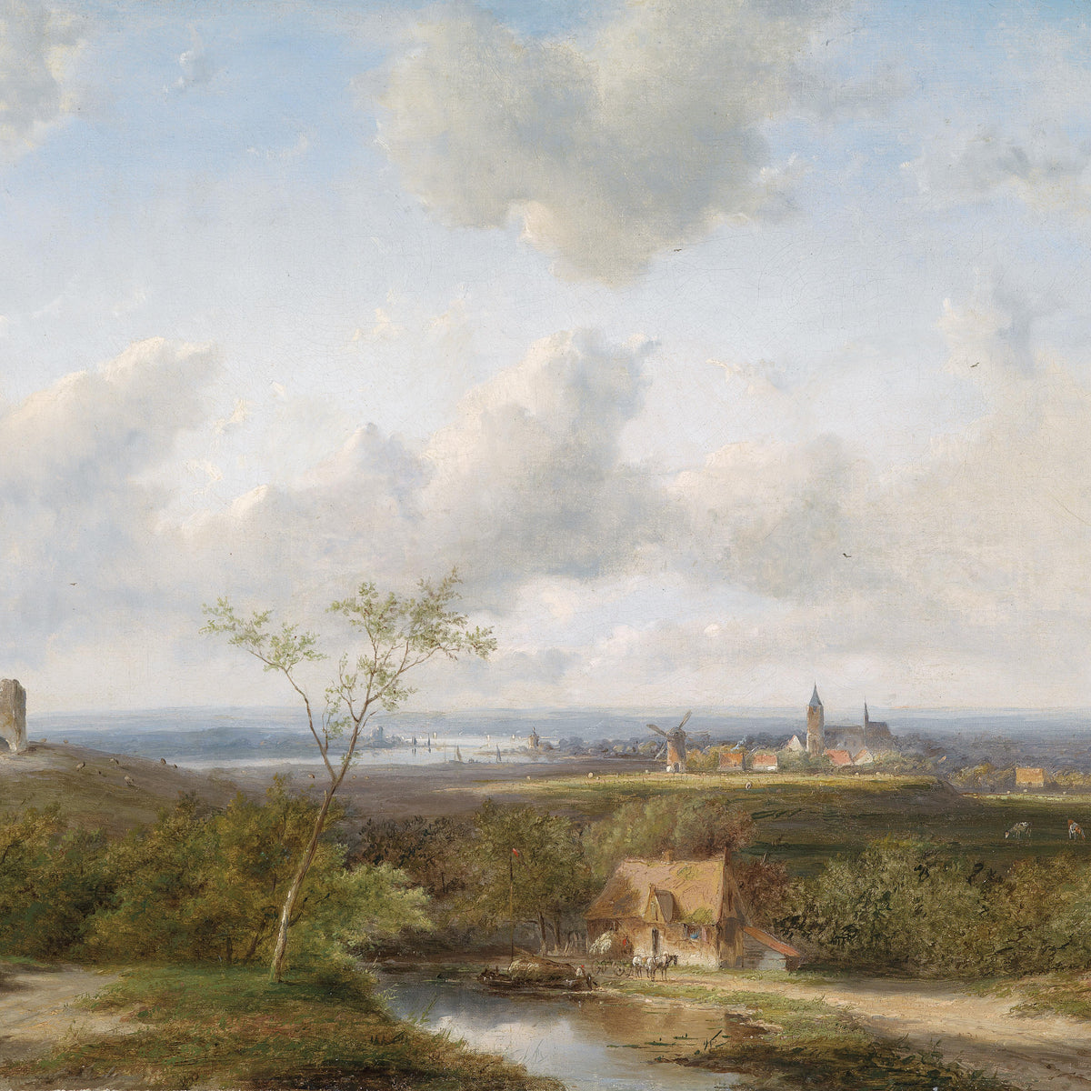 Landscape Oil Painting - Dutch Rural & Castle Ruin, Windmill, Canal Town