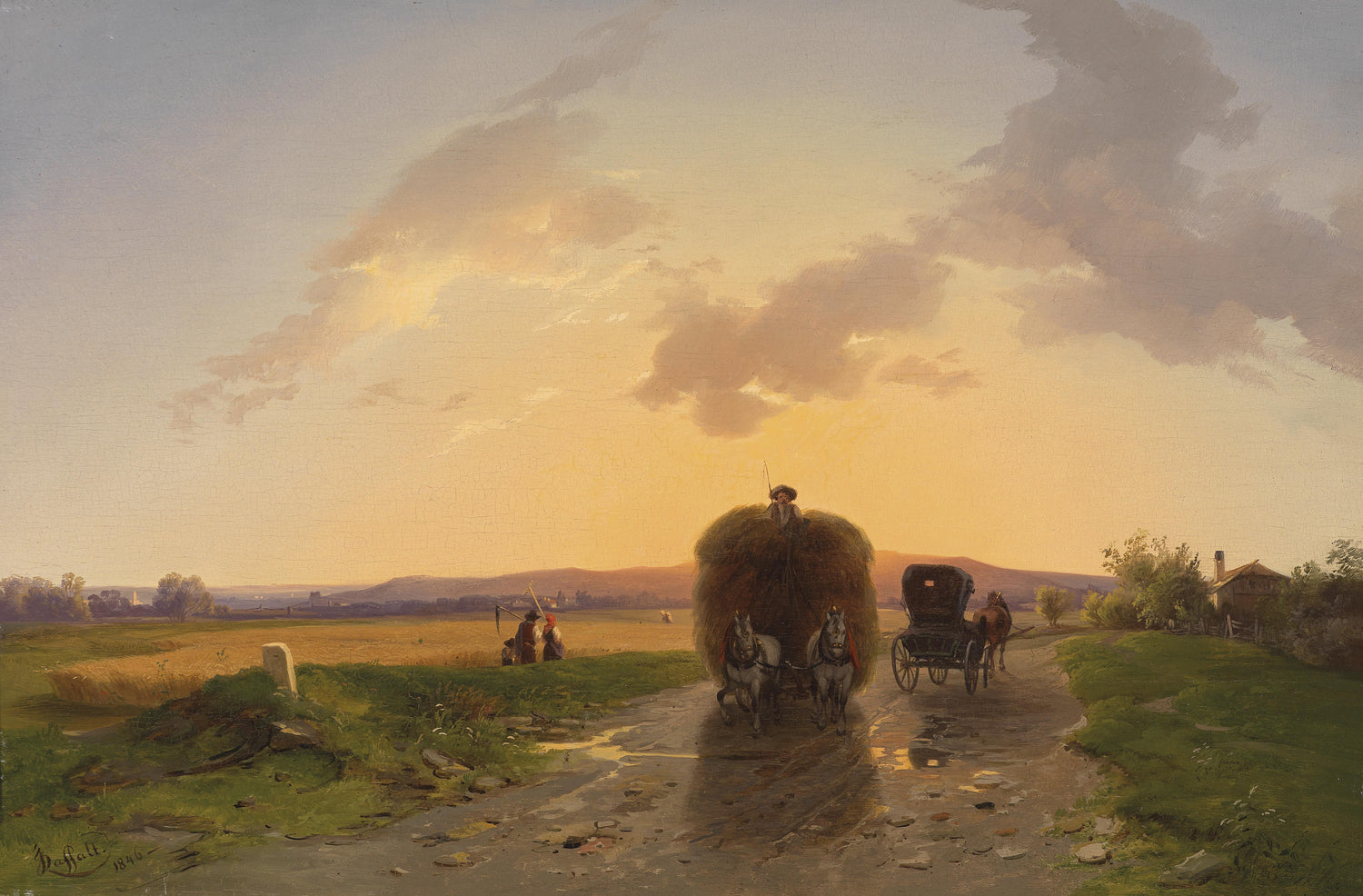 Landscape Oil Painting - Evening Rural Road & Hay Wagon, Horses, Figures