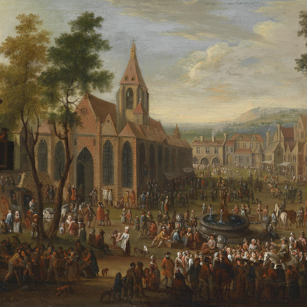 Landscape Oil Painting - Dutch Town Square & Church, Crowded Market