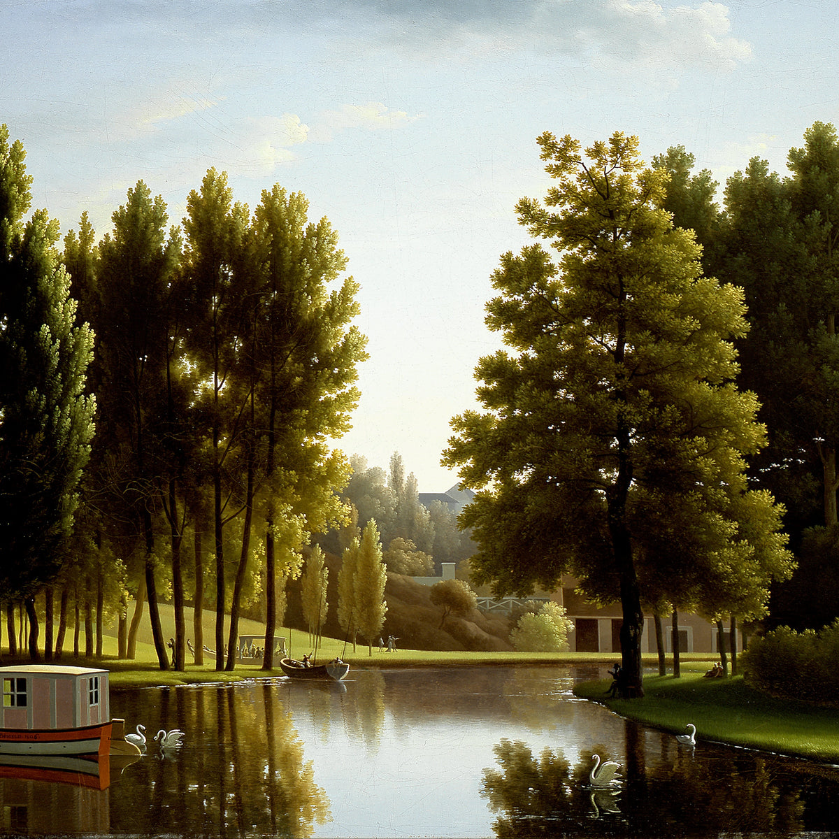 Landscape Oil Painting - Canal Garden & Boat, Swans, Leisure Figures