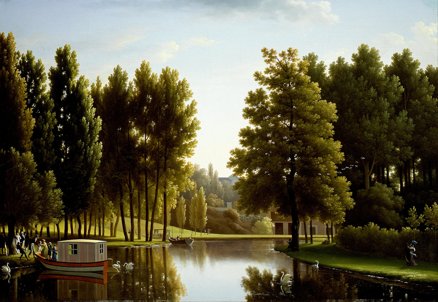 Landscape Oil Painting - Canal Garden & Boat, Swans, Leisure Figures