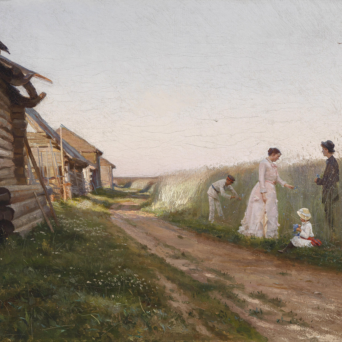 Landscape Oil Painting - Russian Rural Cottage & Family, Dirt Path