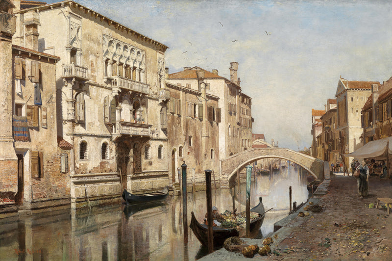 Landscape Oil Painting - Venice Cityscape & Ornate Buildings, Arch Bridge