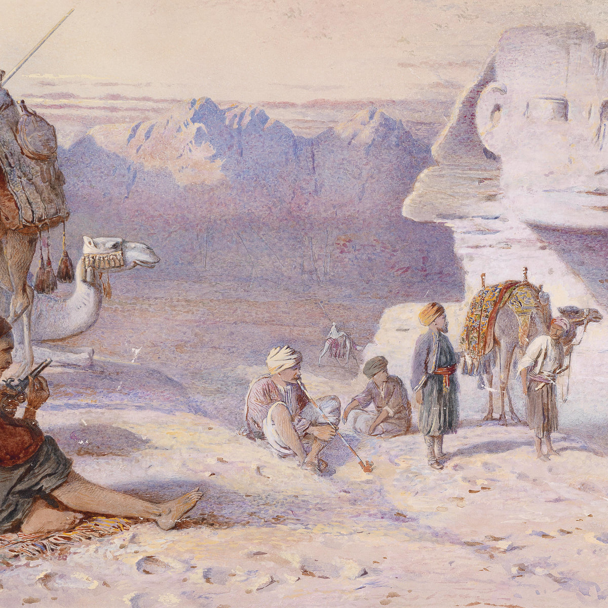 Landscape Oil Painting - Egyptian Sphinx Caravan & Arab Figures, Desert